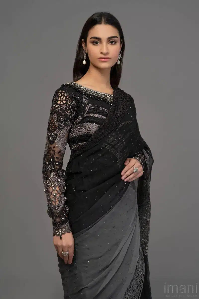 Maria B - Black & Grey Saree