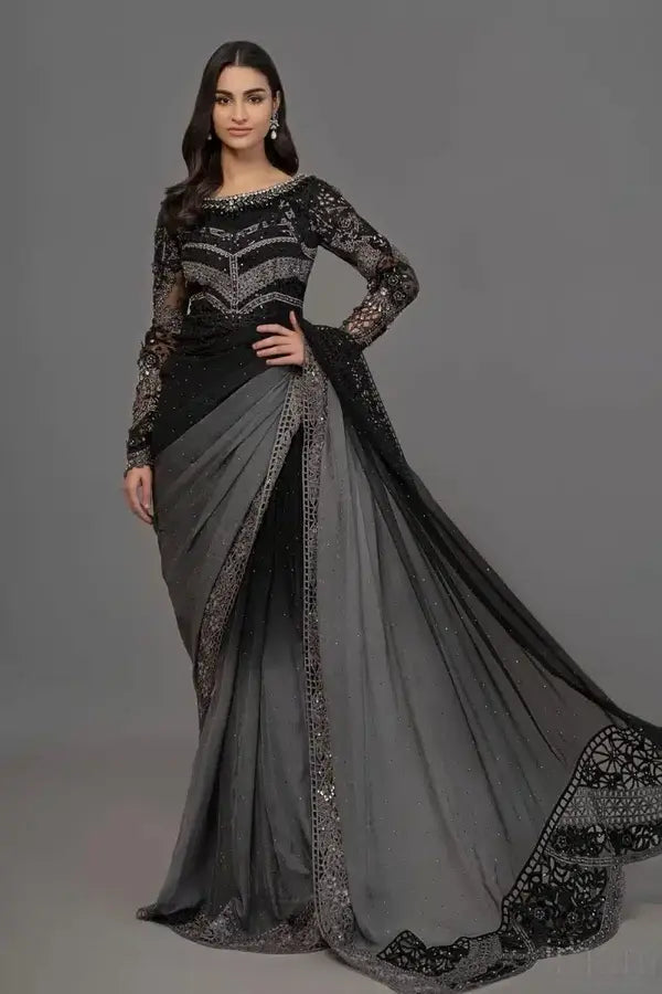 Maria B - Black & Grey Saree